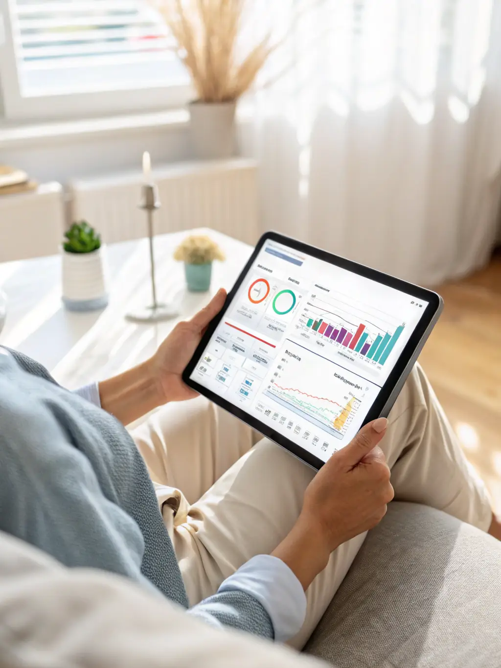 A person is holding a tablet showing a dashboard with analytics and key performance indicators (KPIs), illustrating data-driven insights and performance tracking for Blue Print Design's services.