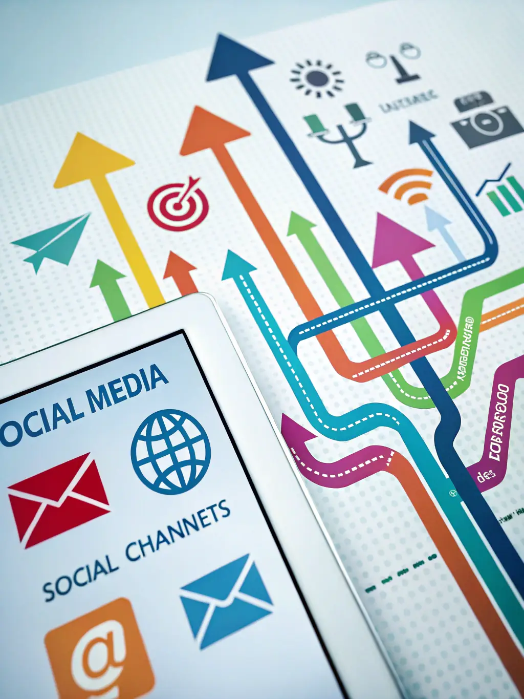 A graphic illustrating various digital marketing channels, such as social media, email marketing, and search engine optimization, converging to represent a strong digital presence strategy by Blue Print Design.